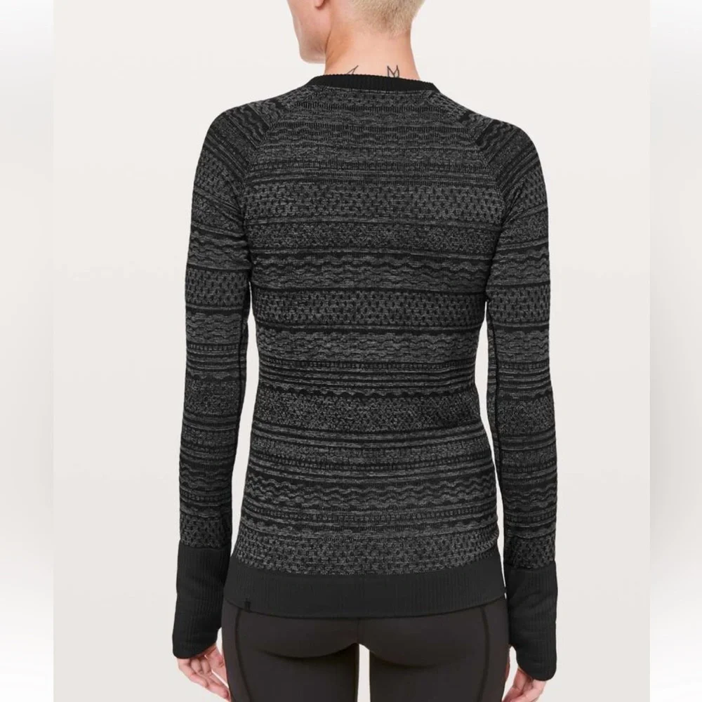 Sz 8 Lululemon Rest Less Pullover black grey print combo crew neck layer stretch - Picture 6 of 10